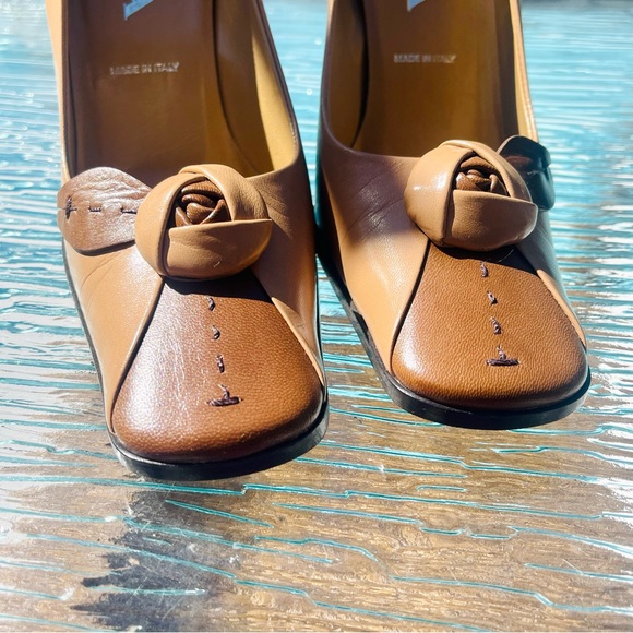 SOLD Prada Beige Brown Colorblock Leather Rosebud Embellished Square Toe Pumps - Picture 6 of 15